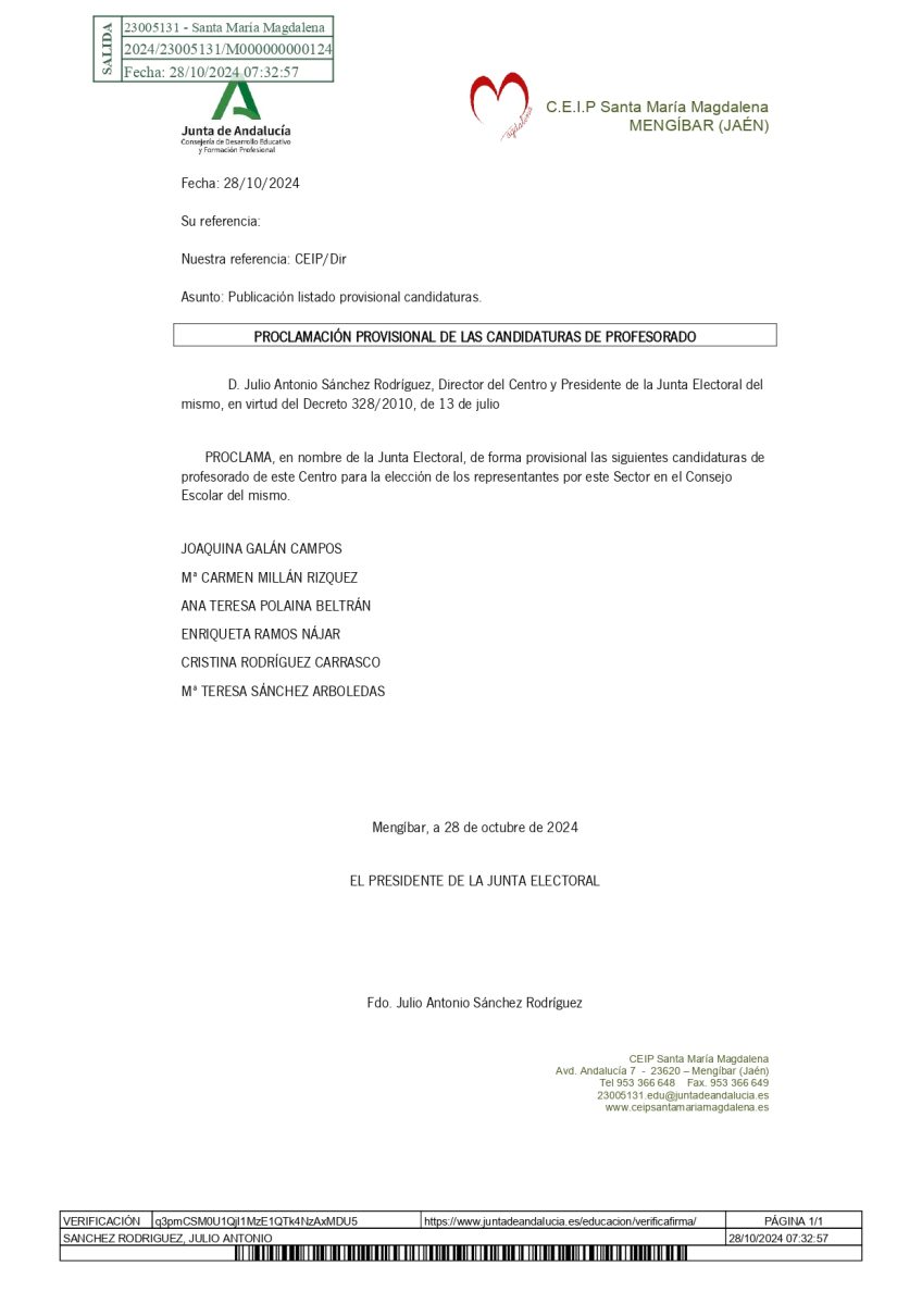 Elecciones al Consejo escolar: Candidaturas provisionales